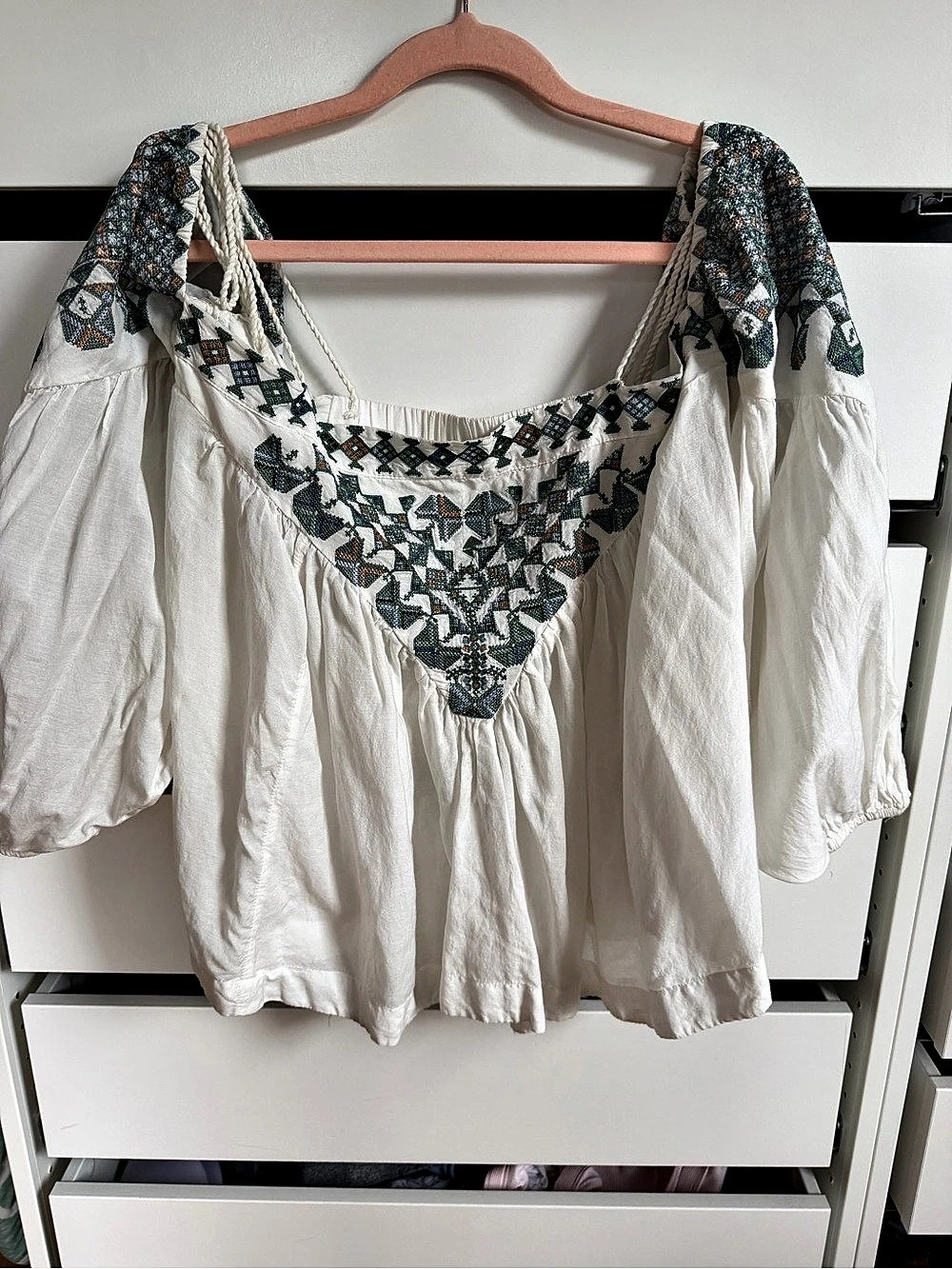 Free People Embroidered Blouse White & Green Size Small